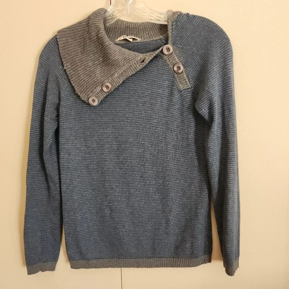 S1 Forever high button neck blue-green and gray striped women's sweater